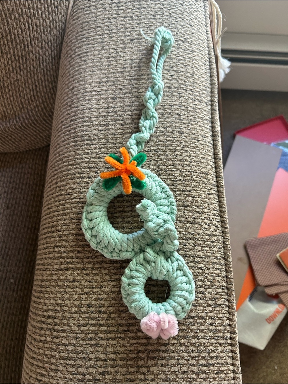 Handmade Mint Rope Double Ring Ornament with Floral Accents